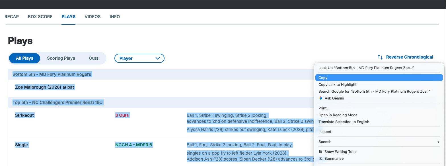 GameChanger plays screen showing selected GameChanger play-by-play being copied from the Plays tab.