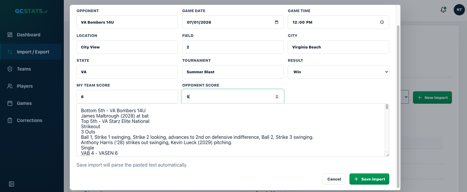 GC Stats import screen showing a pasted GameChanger play-by-play entry with game details and a save import action.